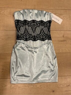 Katie K Strapless Satin Mini Dress in Light Blue with Black Lace